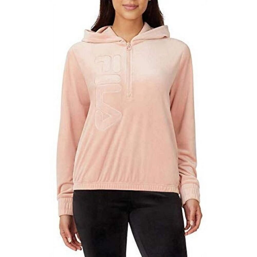 Fila Womens Velour Quarter Zip Hoodie (Misty Rose, Medium)
